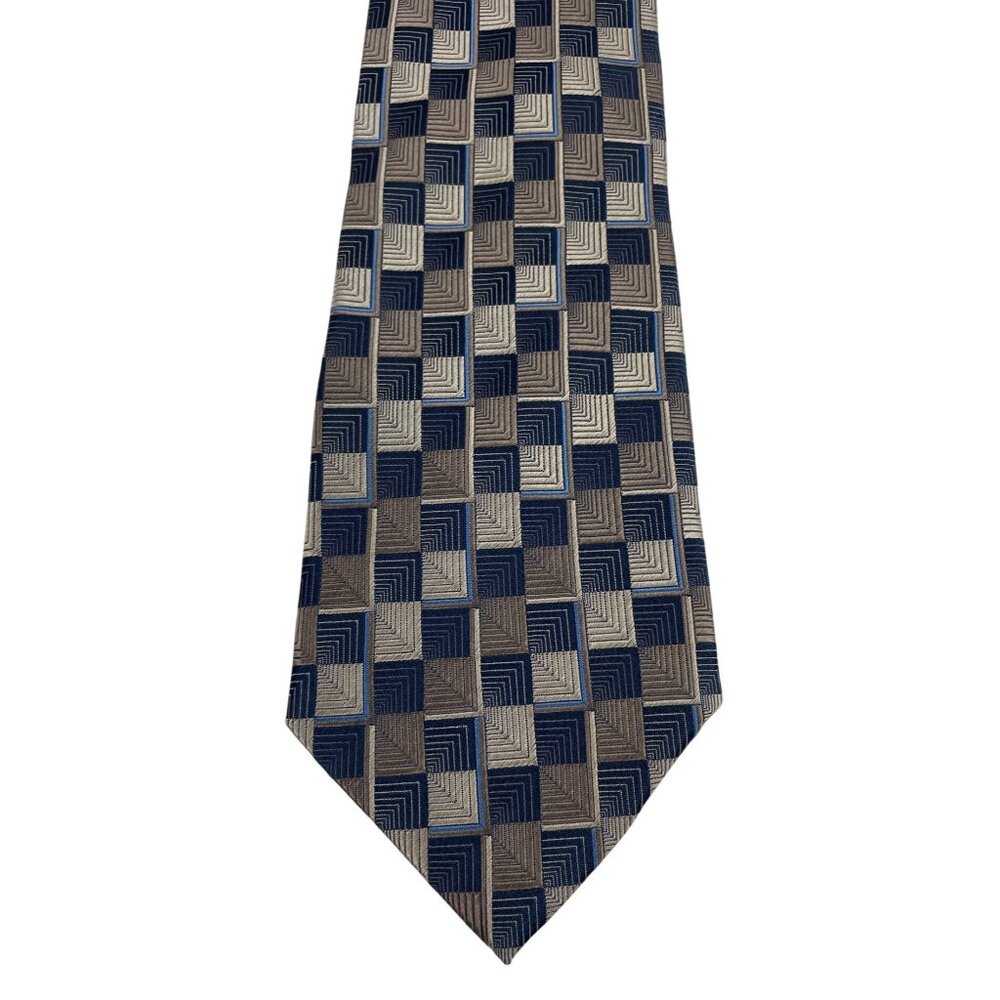 Platinum Designs 100% Silk Mens Tie Necktie Tan Brown Blue Squares